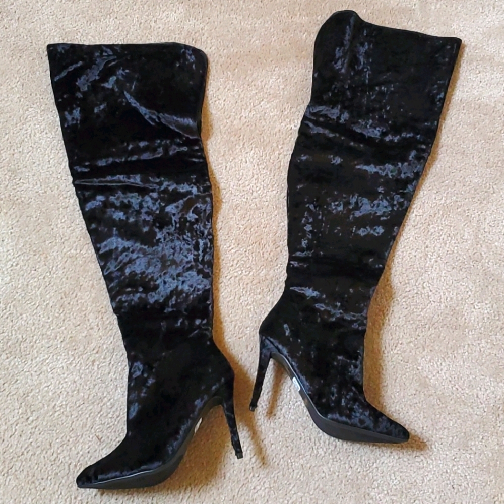 Velvet Velour Thigh High Over the Knee Black Boots